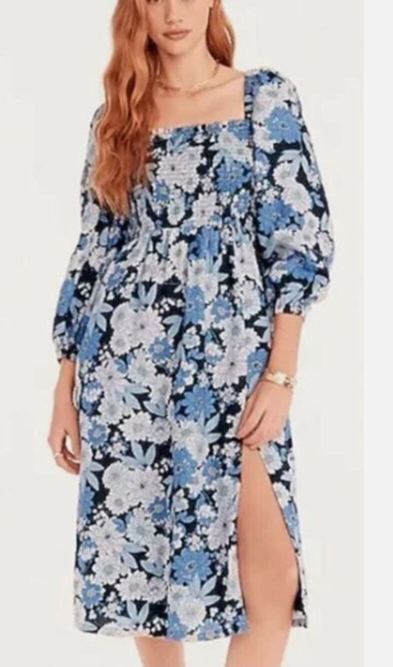 J. Crew Linen Daydream Dress Zinnia Floral Blue Women's L Quarter Sleeve